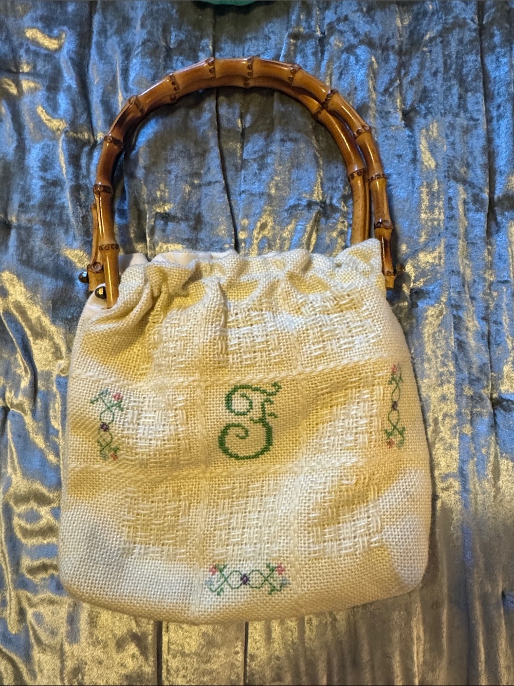 Cream Embroidered Shoulder Bag with Bamboo Handles